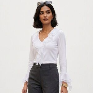Jones New York Signature Ruffle White Blouse Small Petite